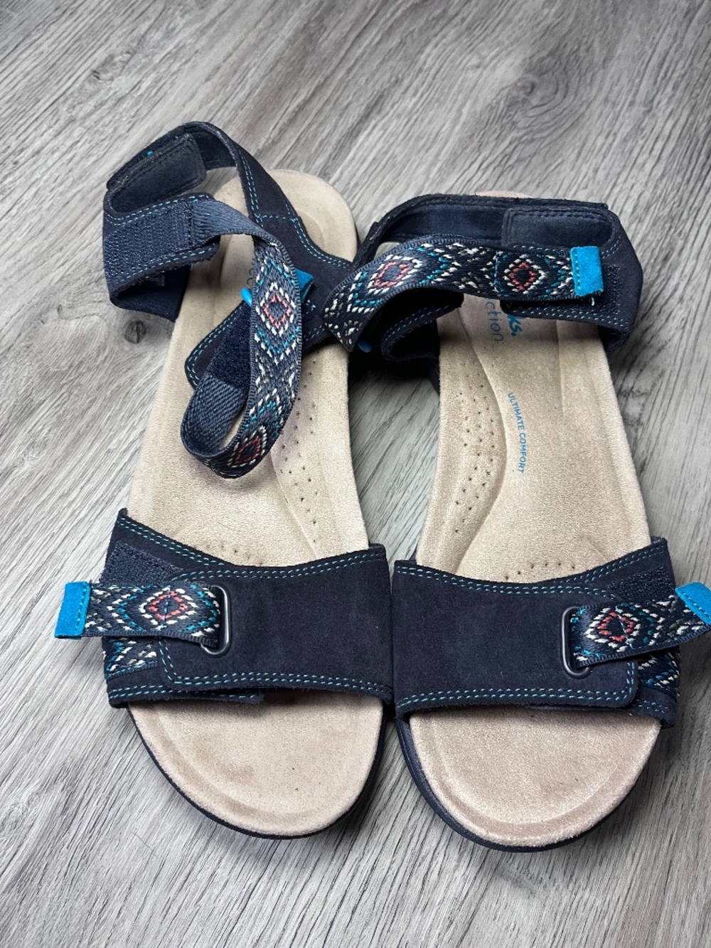 CLARKS Amanda Blue Suede Step Trail All Terrain Sandals Women’s Size 8